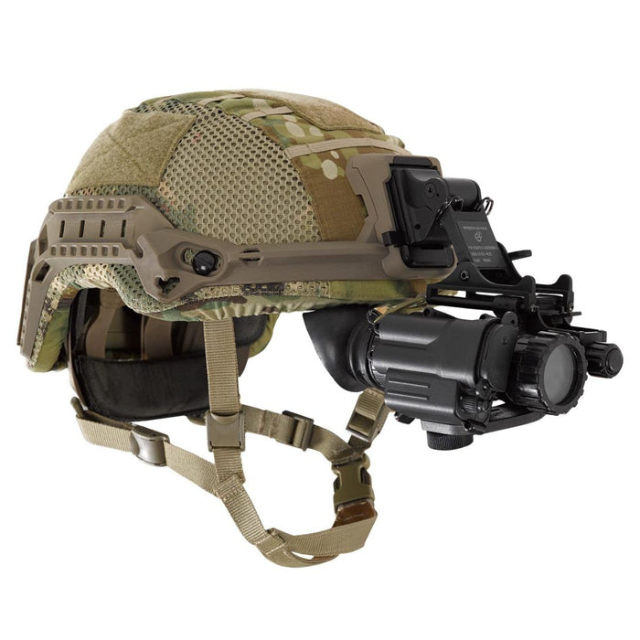 galvion viper front mount tan mounted to multicam helmet with nvg