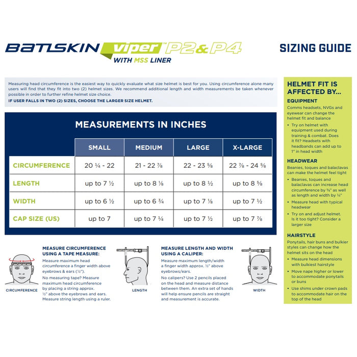 sizing guide for the galvion viper p2