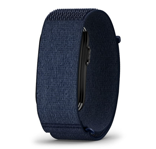 the garmin cirqa smart band on a front view of the screenless band and in the variant captain blue