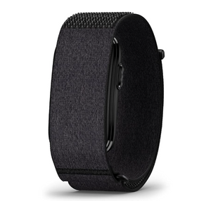 the garmin cirqa smart band in the color black variant showing the product itself on a slight side view and its screenless front