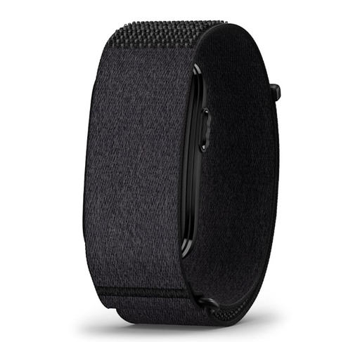 the garmin cirqa smart band in the color black variant showing the product itself on a slight side view and its screenless front
