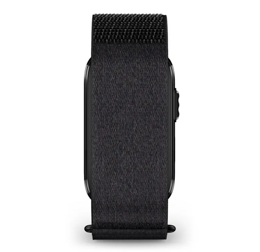 the garmin cirqa smart band in the black variant showing the backside that is the smartwatch's band or strap