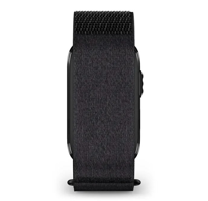 the garmin cirqa smart band in the black variant showing the backside that is the smartwatch's band or strap