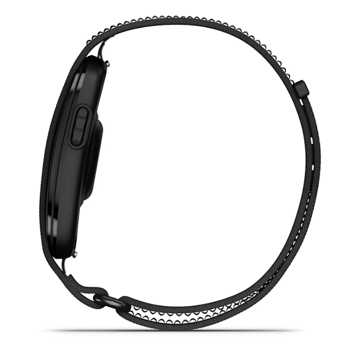 the garmin cirqa smart band variant black showcased on a side view where u can see the switch-on button and the sensor