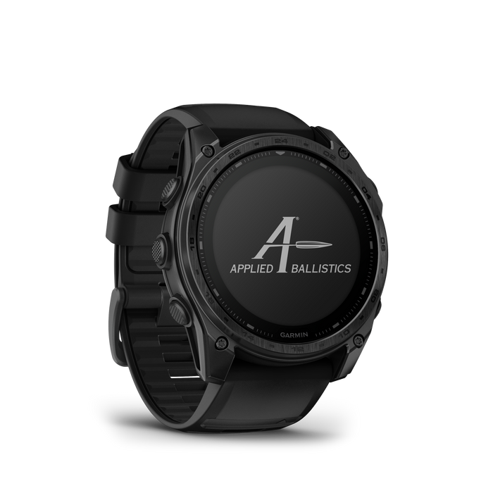 A front-right perspective of the Garmin tactix 8 51 Solar AB Elite showcasing the Applied Ballistics splash screen on its sunlight-visible, memory-in-pixel display. This tactical smartwatch features a 51 mm titanium bezel and a Power Sapphire lens built to meet military-grade standards for durability.