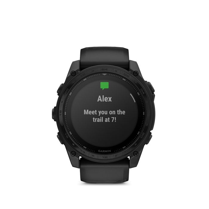 A direct front view of the Garmin tactix 8 51 Solar Elite showcasing the smart notification interface on its high-resolution memory-in-pixel display. The rugged titanium bezel surrounds the solar-charging lens, providing a clear and reliable digital readout even in high-stakes environments.