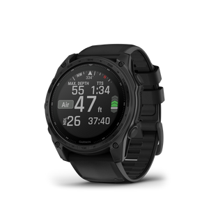 A front-left perspective of the Garmin tactix 8 51mm Solar AB Elite showing the specialized diving activity data screen and sunlight-visible memory-in-pixel display during a simulated mission.