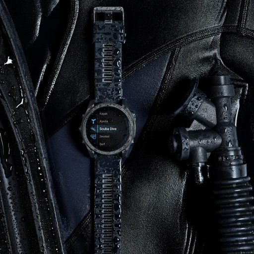 A detailed close-up shot of the Garmin tactix 8 51mm Solar Applied Ballistic Elite for sale mounted on professional scuba diving equipment, highlighting its 40-meter dive rating and integrated depth sensor designed for underwater mission accuracy.