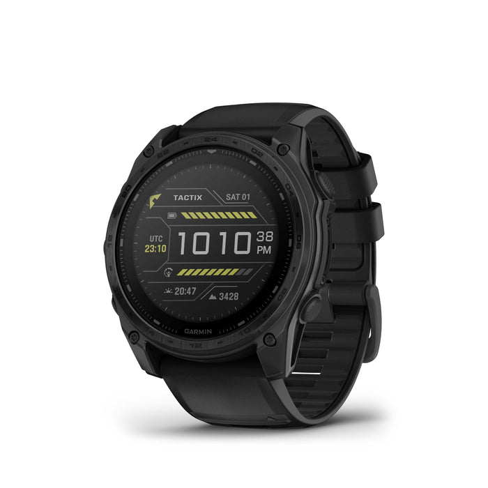 A front-left view of the Garmin tactix 8 51mm featuring a high-contrast digital memory-in-pixel display and solar-charging Power Sapphire lens designed for maximum visibility in direct sunlight.