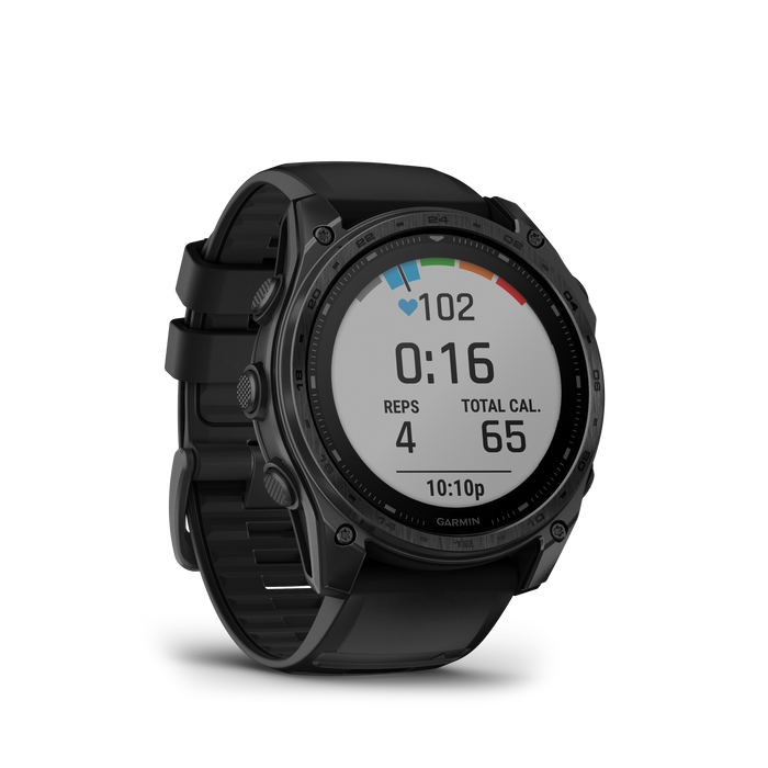 A front-right view of the Garmin tactix 8 Elite showing a specialized strength training activity screen on its high-contrast, sunlight-visible memory-in-pixel display. The watch features a rugged 51 mm titanium bezel and a solar-charging Power Sapphire lens, providing the extreme durability and battery life required for professional tactical and athletic operations.