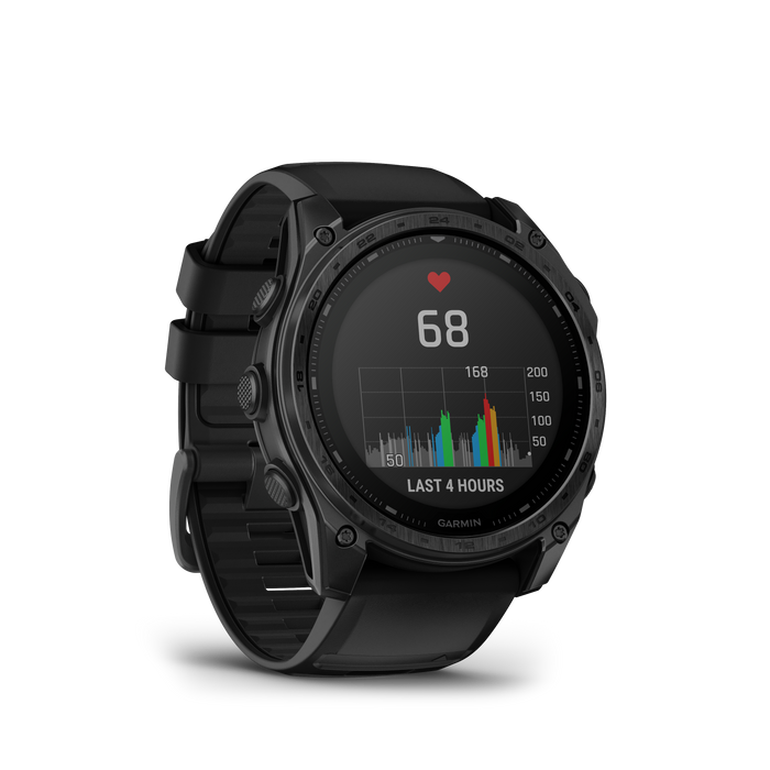 A front-right view of the Garmin tactix 8 solar elite featuring a high-contrast , sunlight-visible , memory-in-pixel (MIP) display. This professional 51 mm tactical watch is shown with its rugged titanium bezel , sapphire lens , and a black silicone watch band built for mission durability.