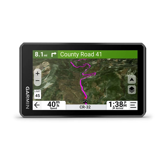 Garmin zumo XT3  displaying a map with navigation information on a white background