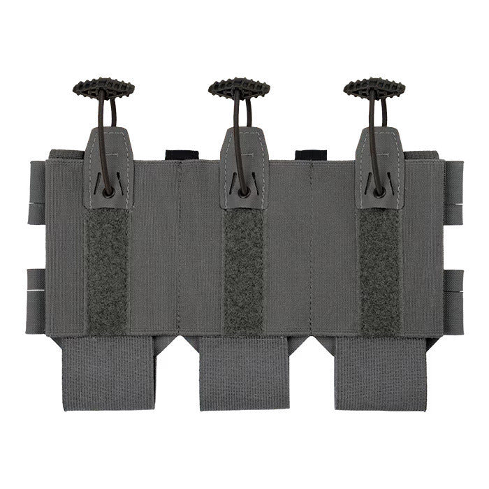 A front-facing view of the gray tactical magazine pouch against a white background, serving as essential low profile vest accessories. The pouch features three individual compartments equipped with elastic bottoms, vertical velcro strips, and dark shock cord retention tabs at the top.