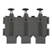 A front-facing view of the gray tactical magazine pouch against a white background, serving as essential low profile vest accessories. The pouch features three individual compartments equipped with elastic bottoms, vertical velcro strips, and dark shock cord retention tabs at the top.