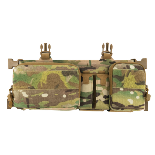 the haley strategiv placard in the color multicam and is being presented in the front view where you can see the snap clasp attachment that attaches the placard to the chest rig