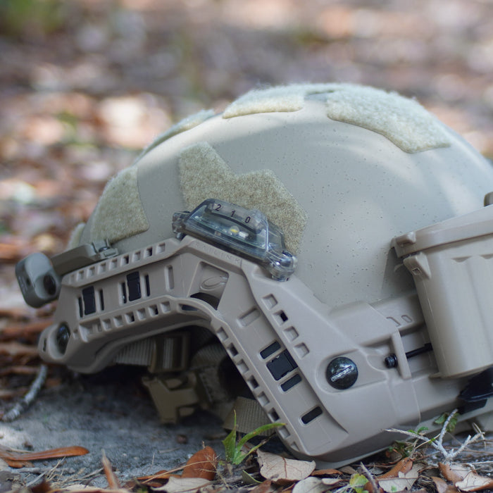 hel-star rail strobe mounted to tan helmet