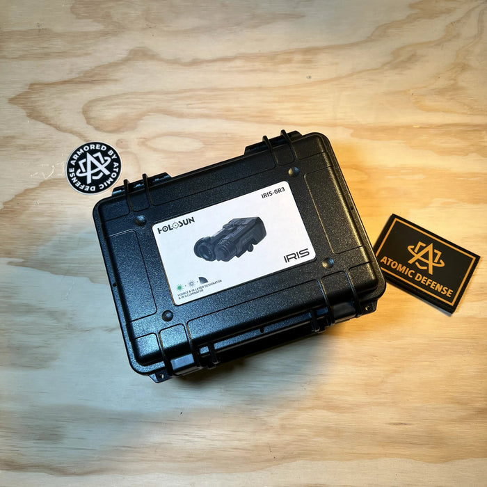 the holosun iris gr 3 and the hard storage case that the holographic sight will be stored into, along with atomic defense pouches beside it
