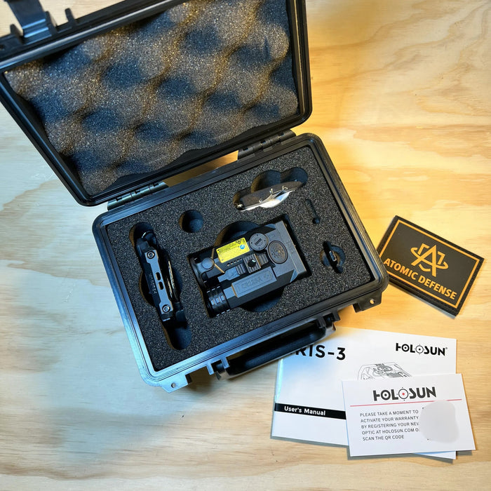 the holosun iris gr3 in the colorblack and is stored inside its pelican-style hard case and secure with custom cut foam pads