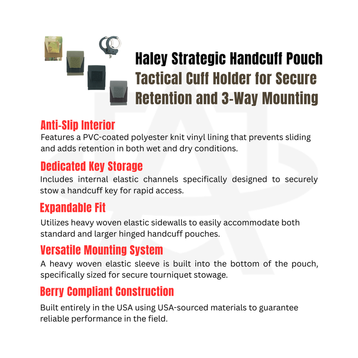 the haley strategic partners handcuff pouch with the product features listed out and an image of the items in all of te available colors on the top left side