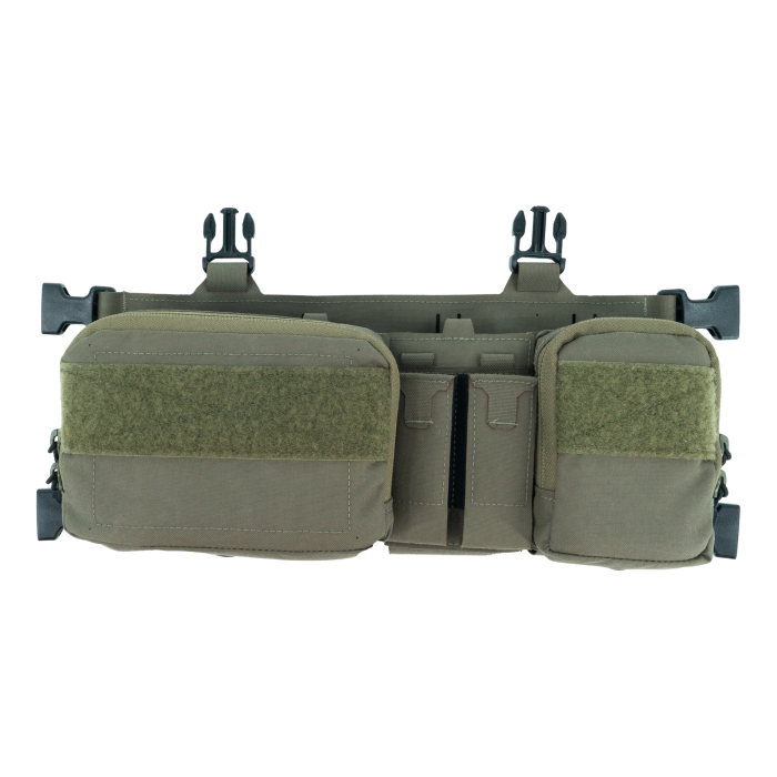 the haley strategiv placard in the color ranger green and is being presented in the front view where you can see the snap clasp attachment that attaches the placard to the chest rig