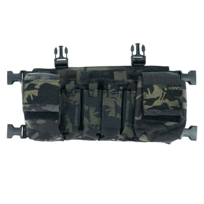The Haley Strategic X Chest Rig Placard in the color variant Multicam Black and is being presented in the front view
