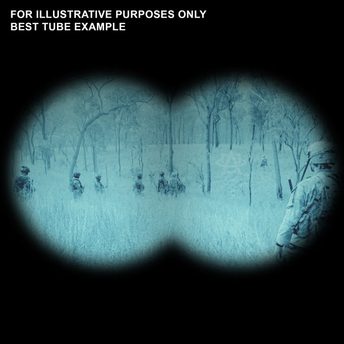 This illustration simulates the high-definition Point of View (POV) through a Dual Tube Night Vision System Manual Gain, specifically showcasing the incredibly clear, black-and-white image quality provided by top-tier L3Harris unfilmed white phosphor intensifier tubes in a dark environment.