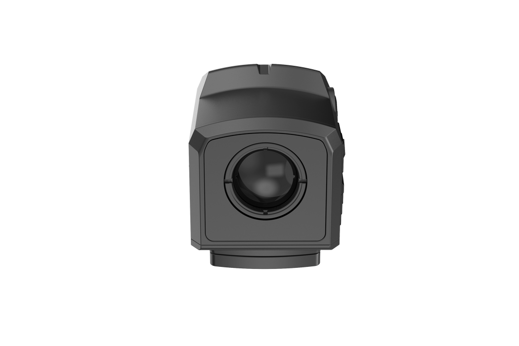A direct frontal view of the Infitac FML19 thermal sight aperture highlights the high-sensitivity 19mm F1.2 objective lens designed to detect heat signatures in total darkness and harsh conditions.