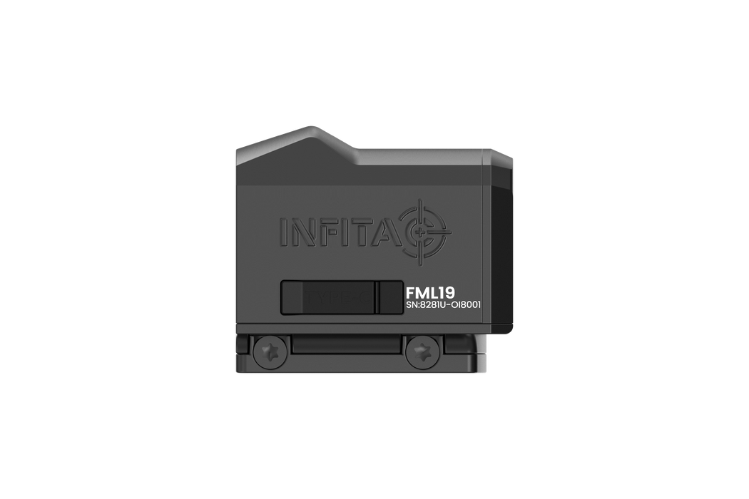 A clear left-side view of the Infitac FML19 thermal unit showcases its ultra-compact aluminum body and the two silent navigation buttons located on the side for easy access during tactical operations.