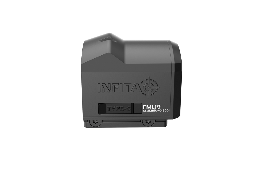 An angled view of the InfiTac FML19 thermal sight highlights the visible brand logo on the side of the rugged aluminum body, with the USB-C charging port clearly located in the foreground for easy access.