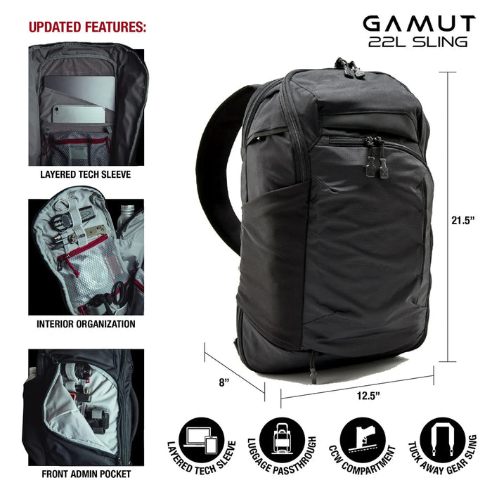 A detailed infographic displaying the technical specifications of the Vertx Gamut 22L Sling Pack, visually mapping out the 21.5-inch exterior dimensions, 22-liter capacity, and internal organization points.