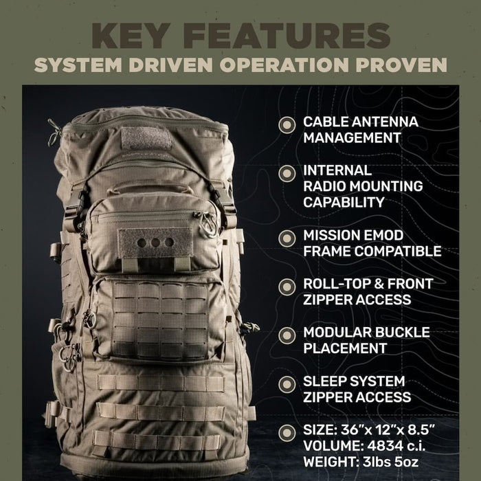 An informative graphic displaying the key features and technical specifications of the Eberlestock Mission Ruck 80L Pack, highlighting its modular attachments and internal storage compartments.