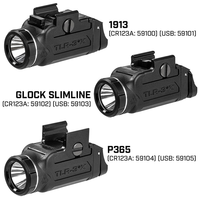 An informative shot displaying multiple versions of the TLR-3 X Streamlight to show the different mounting systems and rail adapter keys available for various handgun models.