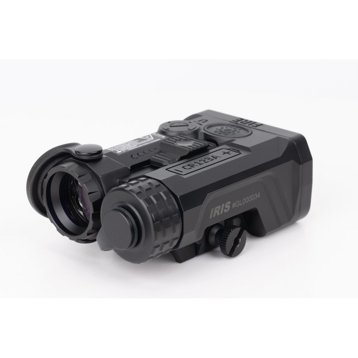 An isometric view of the black holosun iris, highlighting the device's mechanical structure and the specific compartment designed to hold the CR123A battery.