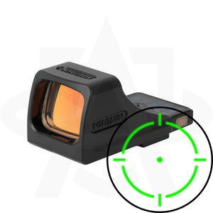 An isometric view of the Holosun SCS VP9 GR reflex sight, featuring an integrated picture-in-picture box in the right bottom corner that demonstrates a clear point-of-view look at the illuminated green dot with circle reticle.