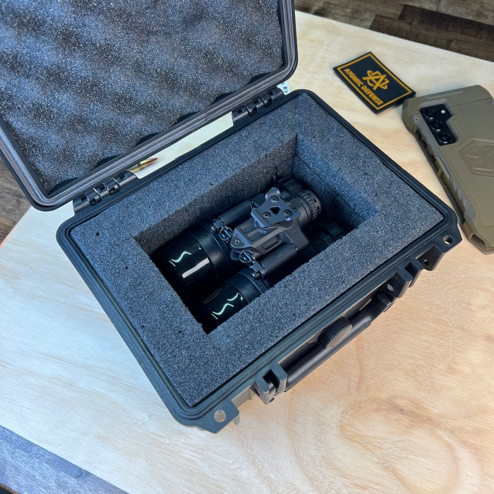 The katana night vision device is shown resting securely inside its specialized, foam-lined hard-shell protective case, designed for safe storage and transport.