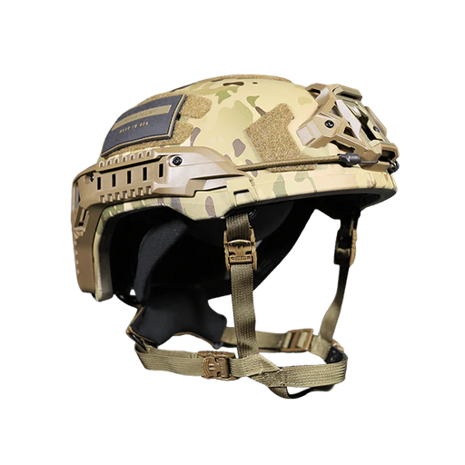 A high-quality left-angled isometric view of the Team Wendy RifleTech helmet in Multicam, showcasing the rugged tactical camouflage pattern and the specialized accessory rail system designed for ballistic protection.