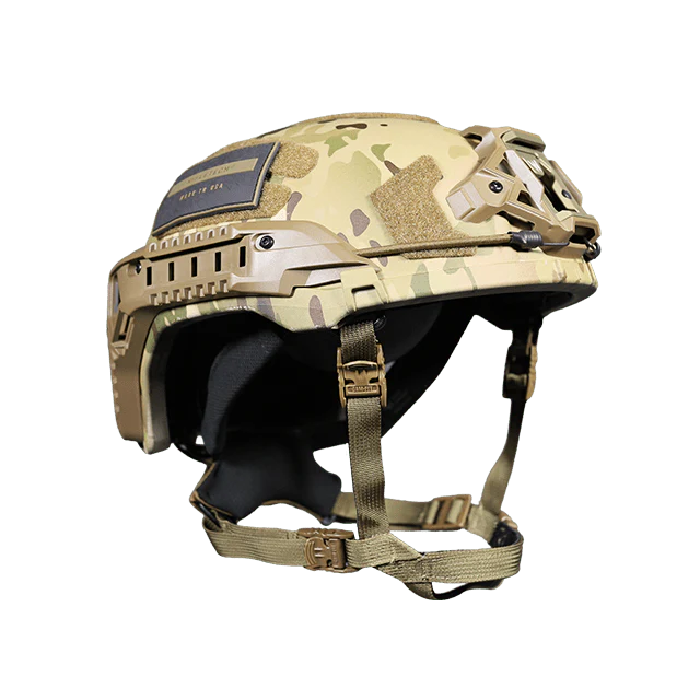 A high-quality left-angled isometric view of the Team Wendy RifleTech helmet in Multicam, showcasing the rugged tactical camouflage pattern and the specialized accessory rail system designed for ballistic protection.