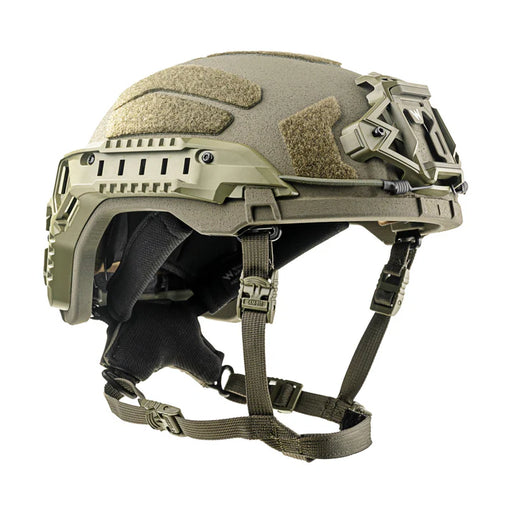 A clean, left-angled isometric view of the Team Wendy RifleTech helmet in a matte Ranger Green finish, emphasizing the streamlined shell geometry and the integrated side rails for tactical equipment.