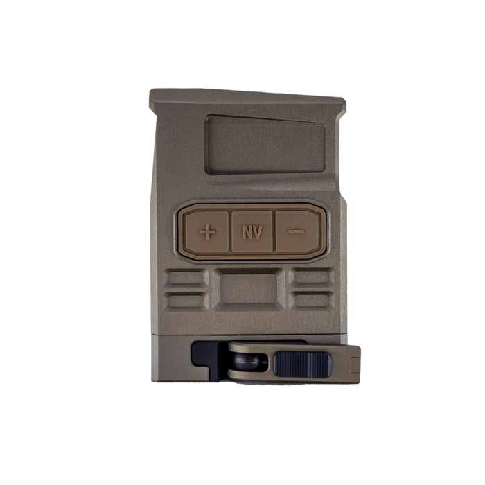A clear left-side profile view of the DOT EHS-1 in a flat dark earth finish, highlighting the battery compartment and the rugged 7075 aluminum housing of this duty-grade optic.
