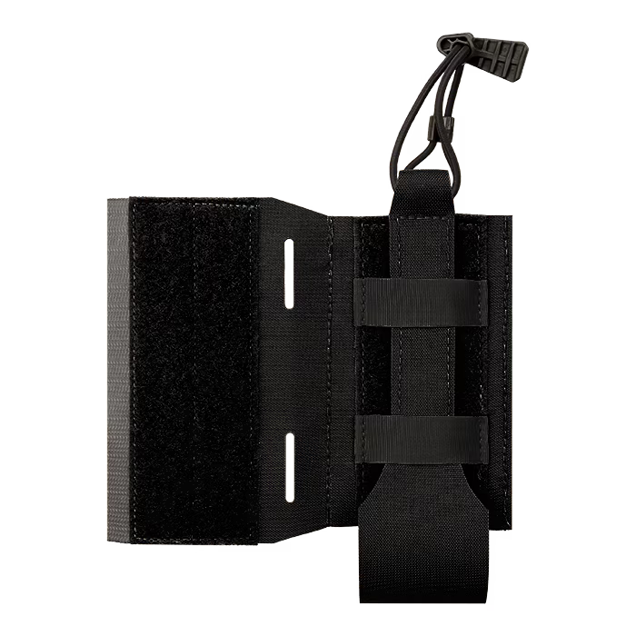 A front view of the LPV Side Radio Pouch in solid black, displaying its lightweight construction with two vertical straps, laser-cut slots, and a top bungee cord retention system.