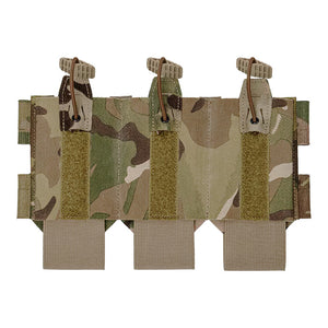 A top-down view of the M4 Lowdraw Triple tactical magazine pouch in MultiCam pattern, holding three metal rifle magazines with black shock cord retention straps secured over the top on a grey background.