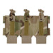A top-down view of the M4 Lowdraw Triple tactical magazine pouch in MultiCam pattern, holding three metal rifle magazines with black shock cord retention straps secured over the top on a grey background.