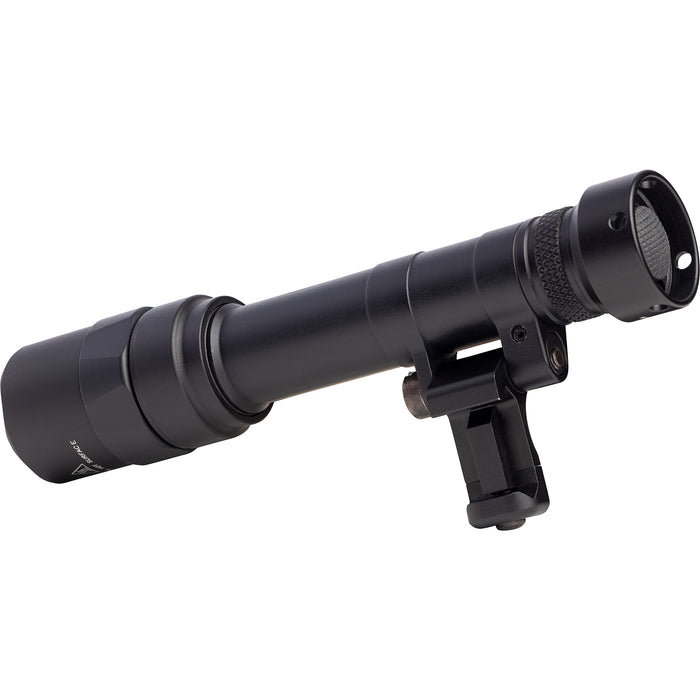 A rear isometric view from the right of the M640T Turbo Scout Light Pro, detailing the push-button tailcap and the versatile pivoting mount that tucks the light against the rifle.