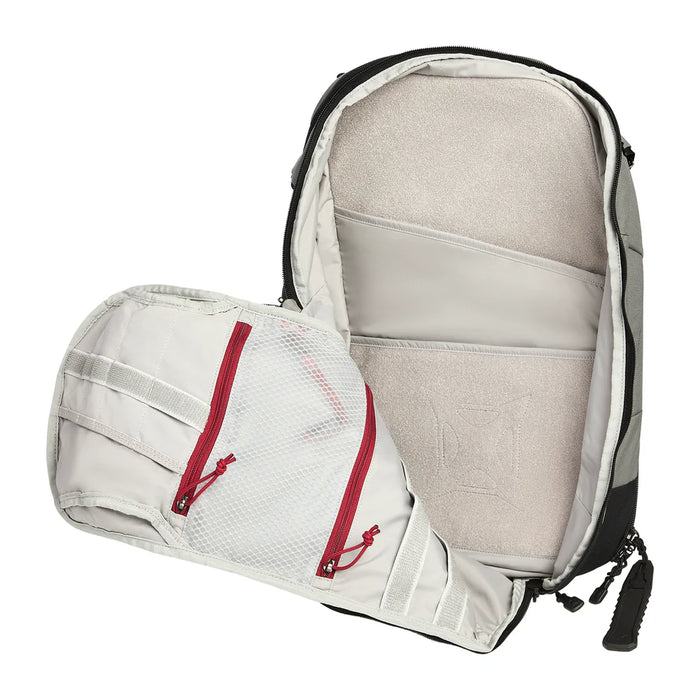 The main interior compartment of the Vertx Gamut 22L Sling Bag fully opened to showcase the extended capacity and layout for maximum gear storage.