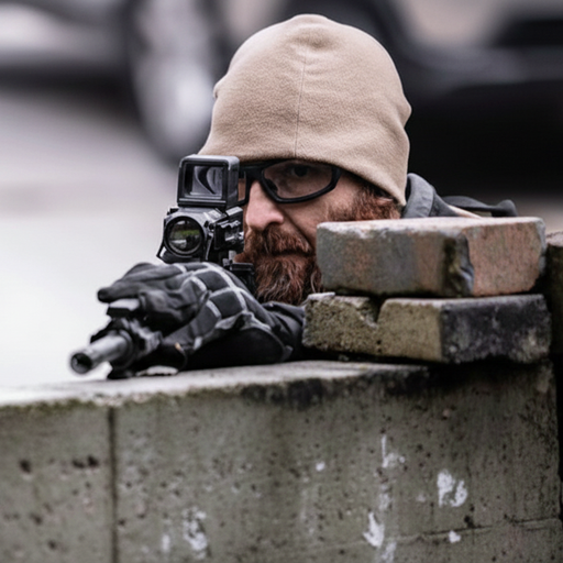 man in a beanie hat aims through infitac fal19/1 x 34d