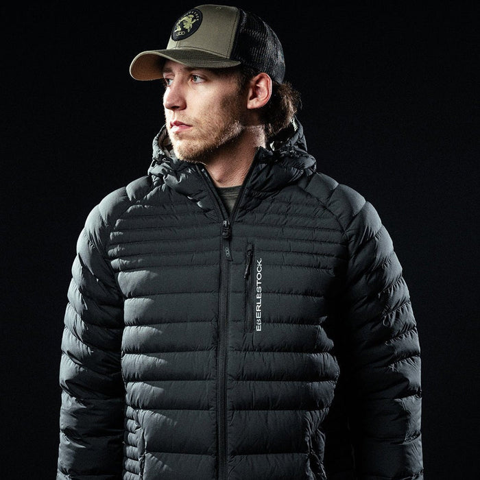 man-wearing-black-mccall-hooded-down-jacket-eberlestock-facing-forward