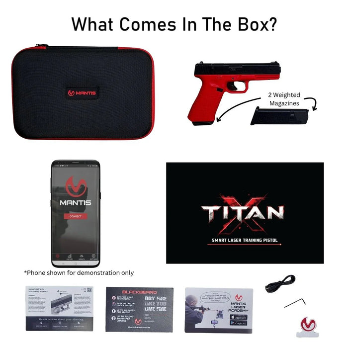 Package contents of the Mantis TitanX system, including the TitanX pistol, custom EVA carry case, two weighted magazines, and USB-C charging cable
