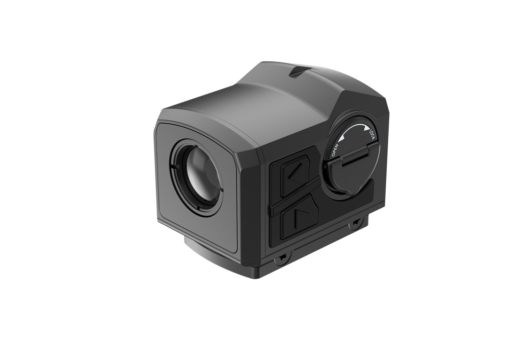 A rear angled view of the FML19 from the right and left sides showcases the high-resolution touch screen and the rugged AL7075-T6 aluminum body designed to provide a large viewing area for tactical heat detection.