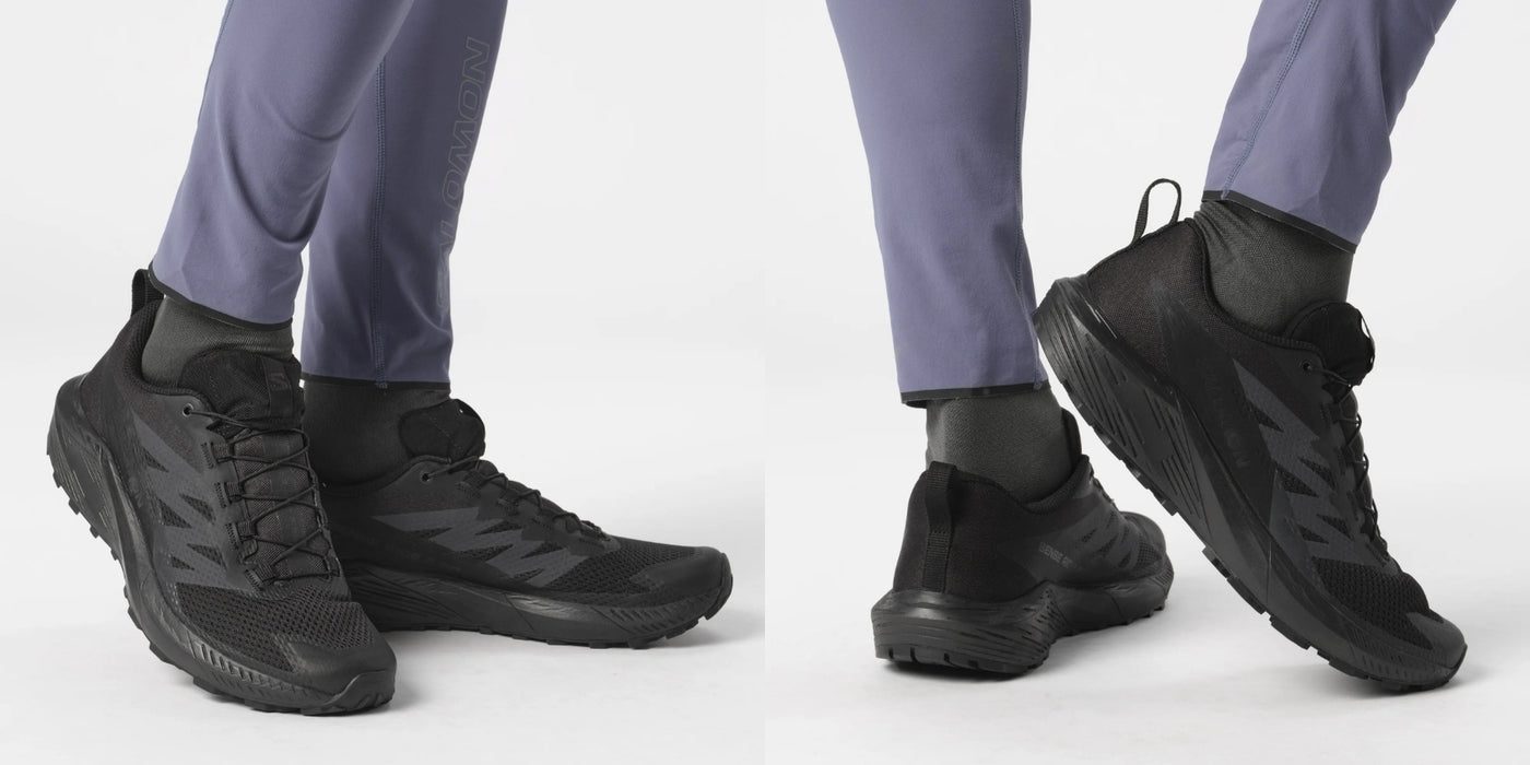 A wide horizontal shot of a model wearing the Salomon Sense Ride 5 SR Black edition, featuring front, side, and rear angles to illustrate how the discreet design complements both tactical duty uniforms and everyday casual outfits.