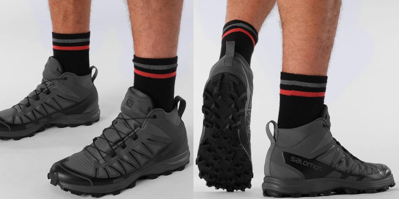 A horizontal banner image of a model wearing the Wolf Grey salomon speed assault 2 tactical shoes, showing the agile low-cut profile designed for high-speed operations.